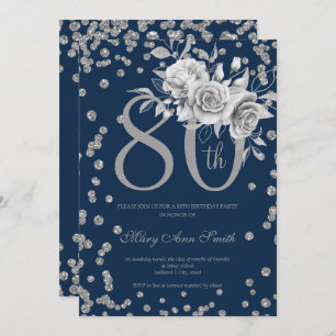 Silver Floral & Confetti 80th Birthday Navy  Einladung