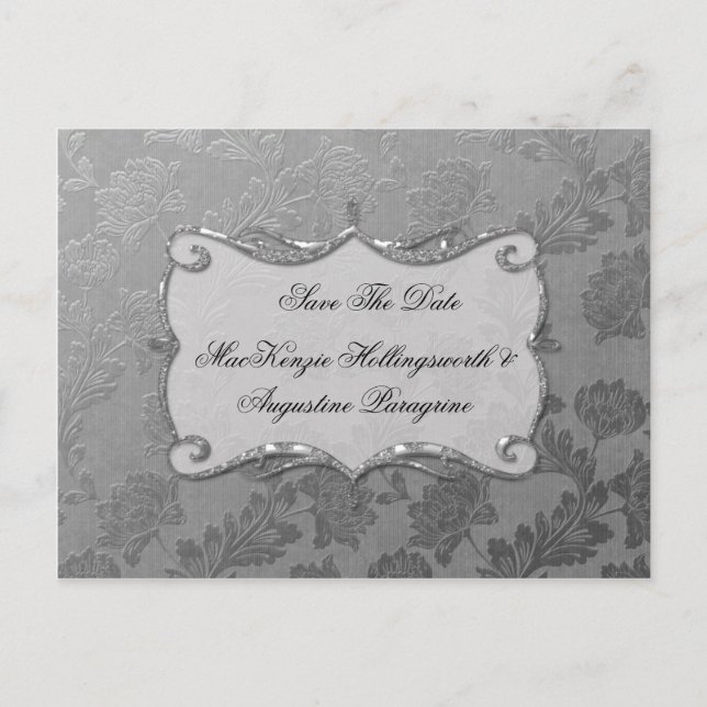 Silver Floral Damask Save the Date Ankündigungspostkarte (Vorderseite)