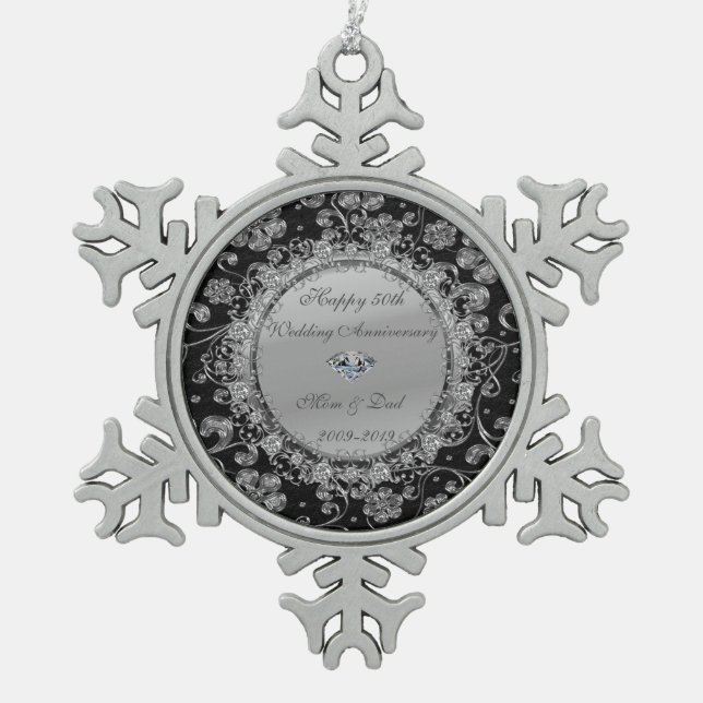 Silver Floral Diamonds 50 th Wedding Jubiläum Schneeflocken Zinn-Ornament (Vorderseite)