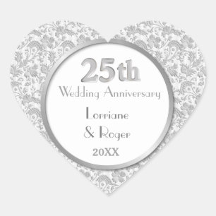 Silver Floral Elegance 25. Hochzeitstag Herz-Aufkleber