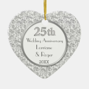 Silver Floral Elegance 25. Hochzeitstag Keramikornament