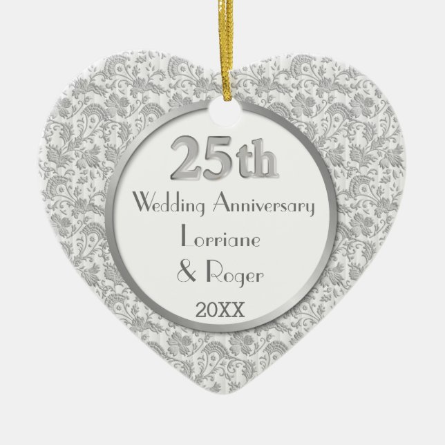 Silver Floral Elegance 25. Hochzeitstag Keramikornament (Vorne)