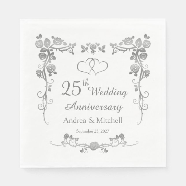 Silver Floral Hearts 25. Hochzeitstag Serviette (Vorderseite)