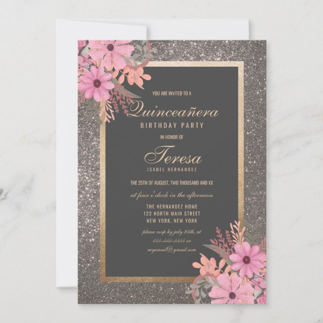 Silver Floral Leaf Watercolor Glitzer Quinceañera Einladung (Vorderseite)