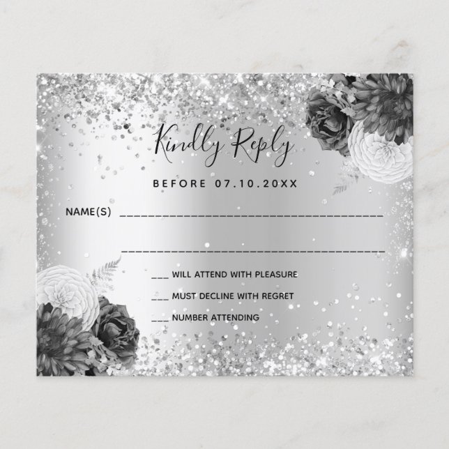 Silver floral monochrome Hochzeit RSVP Karte (Vorderseite)