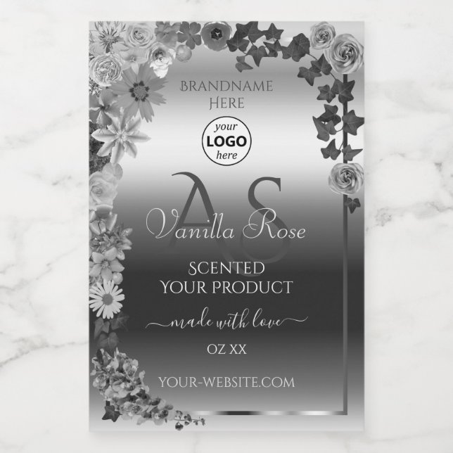 Silver Floral Product Labels mit Monogram Logo Lebensmitteletikett (Einzelnes Label)