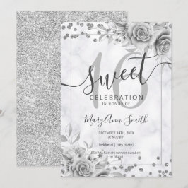Silver Floral Sweet 16 Birthday Marmor Glitzer Einladung