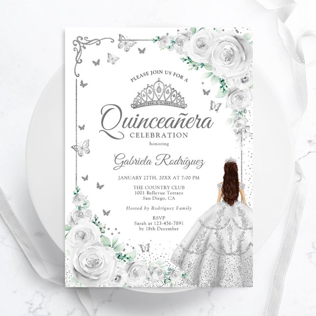 Silver Floral Watercolor Rose Quinceanera Einladung (Von Creator hochgeladen)