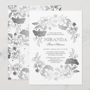 Silver Floral Wreath Elegantes Weißes Brautparty Einladung