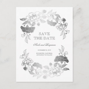 Silver Floral Wreath   Peonies Save the Date Ankündigungspostkarte