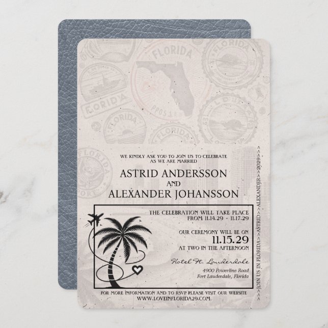 Silver Florida Passport Hochzeitseinladung Einladung (Vorne/Hinten)