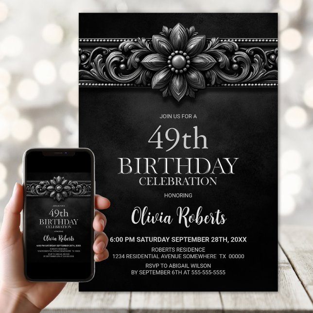 Silver Flower Black Any Age Birthday Party Einladung (Von Creator hochgeladen)