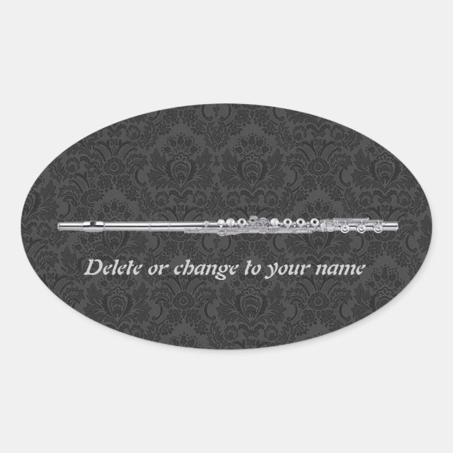 Silver Flute auf Black Damask Oval Ovaler Aufkleber (Vorderseite)