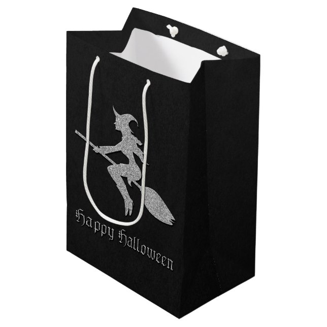 Silver Flying Hexe Halloween Mittlere Geschenktüte (Vorderseite Schrägansicht)