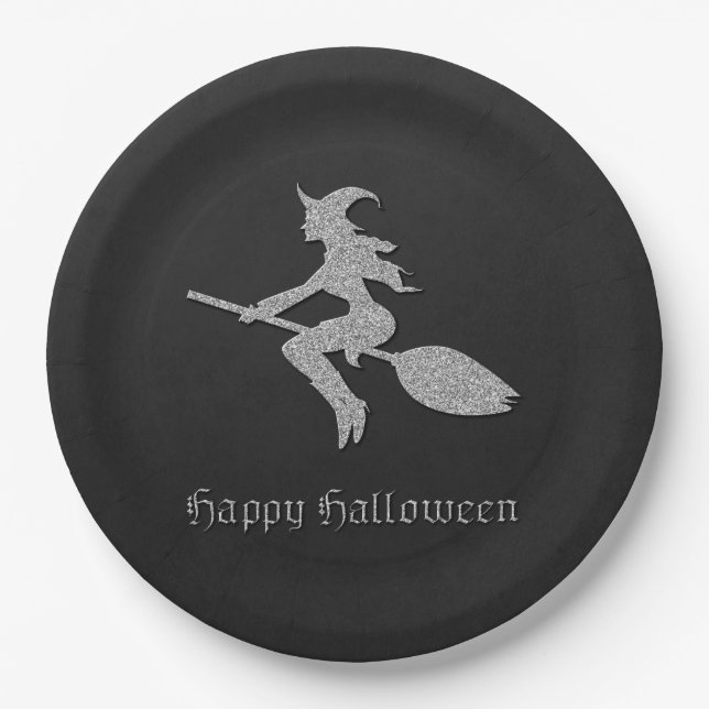 Silver Flying Hexe Halloween Pappteller (Vorderseite)