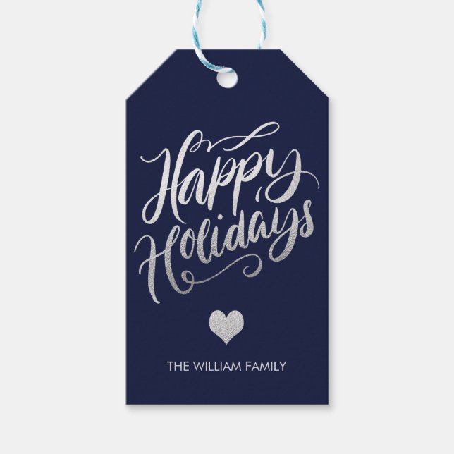 Silver Foil and marine Blue Happy Holidays Custom Geschenkanhänger (Vorderseite)