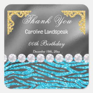 Silver Foil & Blue Glitzer Zebra Print Birthday Quadratischer Aufkleber