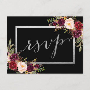 Silver Foil Burgundy Floral Black Wedding RSVP Postkarte