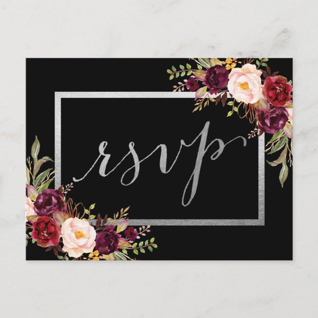 Silver Foil Burgundy Floral Black Wedding RSVP Postkarte (Vorderseite)