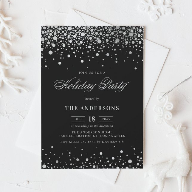 Silver Foil Confetti Black Holiday Party Einladung (Von Creator hochgeladen)