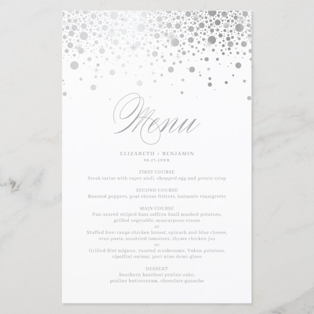 Silver Foil Confetti Dots Wedding Menu Card (Vorderseite)