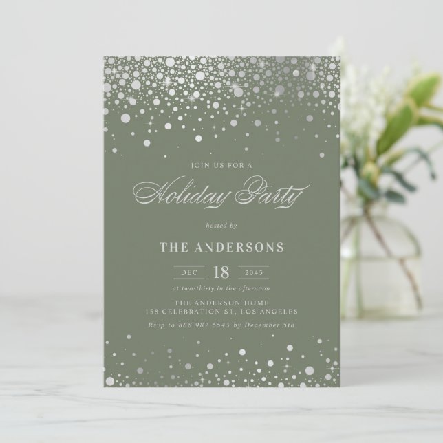 Silver Foil Confetti Taupe Green Holiday Party Einladung (Stehend Vorderseite)