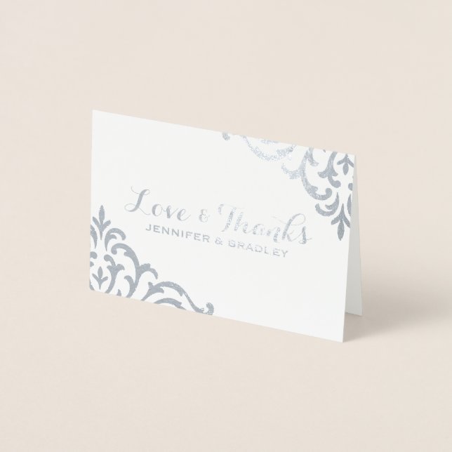 Silver Foil Damask Elegant Wedding Vielen Dank Folienkarte (Vorderseite)