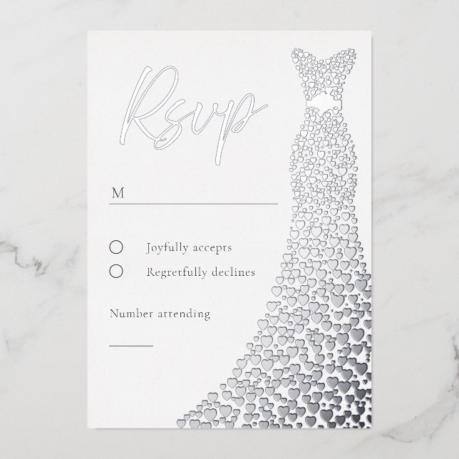 Silver Foil Dress Bridal oder Birthday RSVP Card Folieneinladung (Vorderseite)