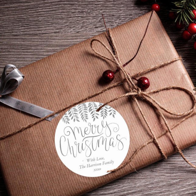 Silver Foil Effect Typography Merry Christmas Runder Aufkleber (Von Creator hochgeladen)