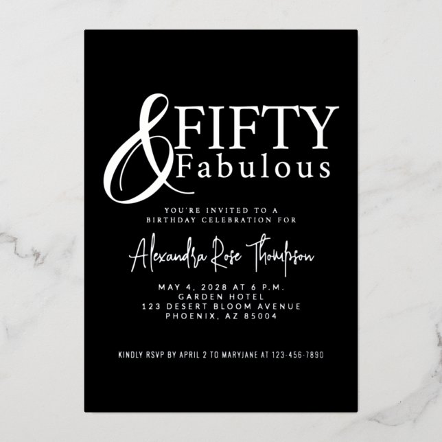 Silver Foil Fifty and Fabulous 50th Birthday Party Folieneinladung (Vorderseite)