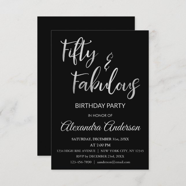 Silver Foil Fifty und Fabulous Einladung (Vorne/Hinten)