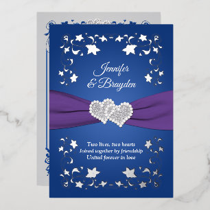 Silver Foil Floral, Joined Hearts Wedding Foil Inv Folieneinladung