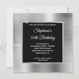 Silver Foil Glam Black Overlay 50. Geburtstag Einladung
