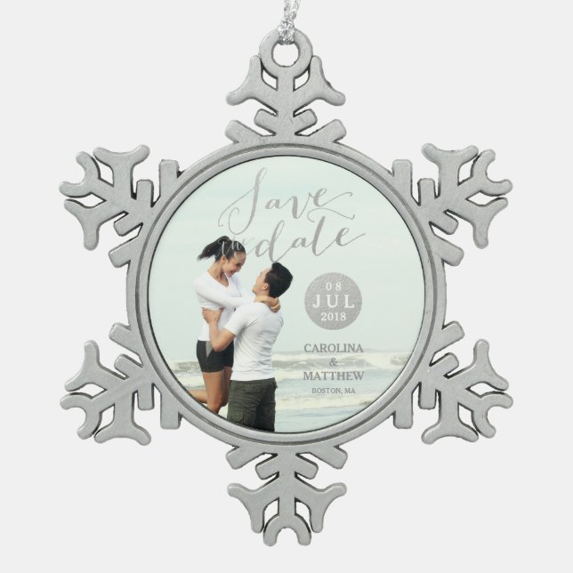 Silver Foil Glamour | Foto Save the Date Urlaub Schneeflocken Zinn-Ornament (Vorderseite)