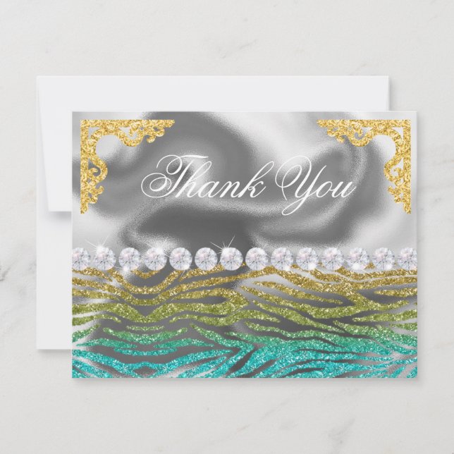 Silver Foil Gold, Aquamarin Zebra Print Birthday Dankeskarte (Vorderseite)