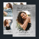 Silver Foil Halo Foto Collage Sweet 16 Einladung<br><div class="desc">Diese hübsche und gürmische 16 . Geburtstag Geburtstagsparty Foto Collage Einladung ist perfekt für das trendige und stilvolle Mädchen. Es verfügt über ein Imitat, das silberne Folie mit Pinselstrichhalo auf einem großen Foto gedruckt hat, und eine elegante handgeschriebene Schrift-Typografie. Auf der Rückseite sind vier weitere individuell anpassbare Bilder und die...</div>