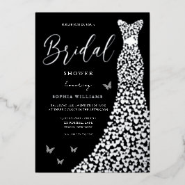 Silver Foil Heart Gown mit Black Brautparty Folieneinladung