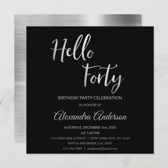 Silver Foil Hello 40 Geburtstagsparty Einladung (Vorne/Hinten)