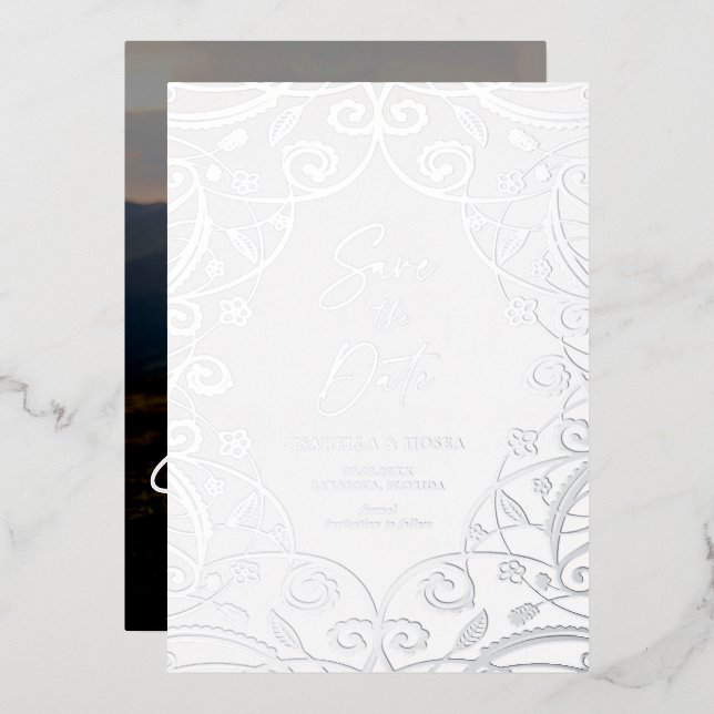 Silver Foil Lace Wedding Foto Save the Date Folieneinladung (Vorderseite/Rückseite)