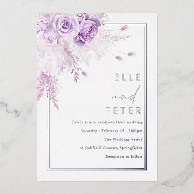 Silver Foil & Lavender Roses Wedding Folieneinladung (Vorderseite)