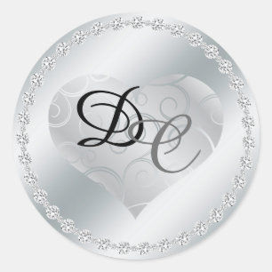 Silver Foil Metallic Heart Monogram Wedding Sticke Runder Aufkleber