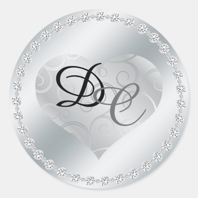 Silver Foil Metallic Heart Monogram Wedding Sticke Runder Aufkleber (Vorderseite)