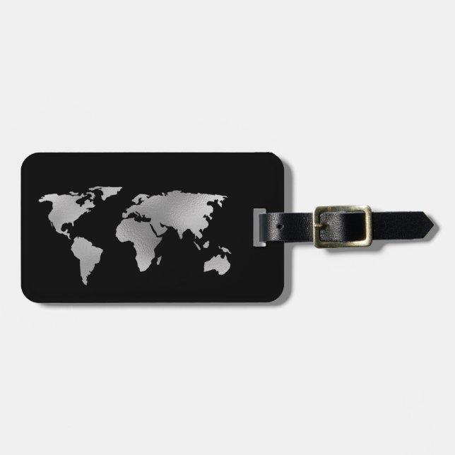 Silver Foil Metallic World Map Luggage Gepäckanhänger (Vorderseite horizontal)