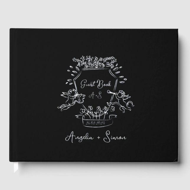 Silver Foil Monogram Black Wedding Guest Book Gästebuch (Vorderseite)