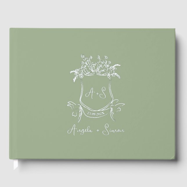 Silver Foil Monogram Sage Green Wedding Gästebuch (Vorderseite)