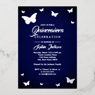 SILVER FOIL Navy Butterfly Quinceanera Folieneinladung