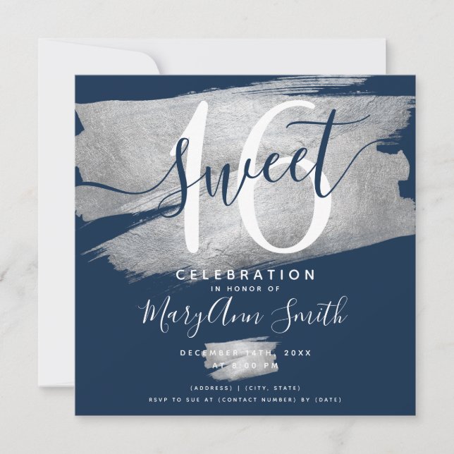 Silver Foil Paint Sweet 16. Geburtstag Navy  Einladung (Vorderseite)