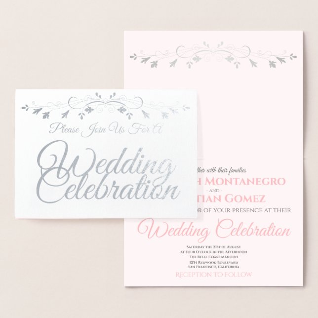 Silver Foil Pink & Gray Elegantes Hochzeitsempfang Folienkarte (Anzeige)