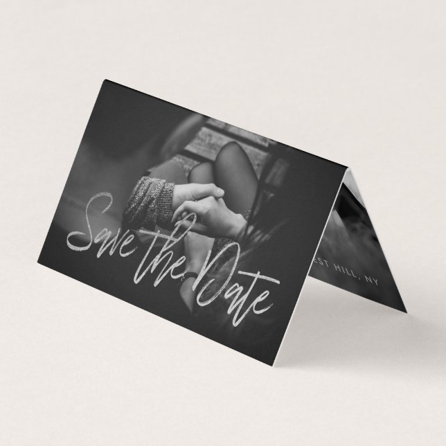 Silver Foil Script Foto Save the Date Card Visitenkarten (Vorderseite)