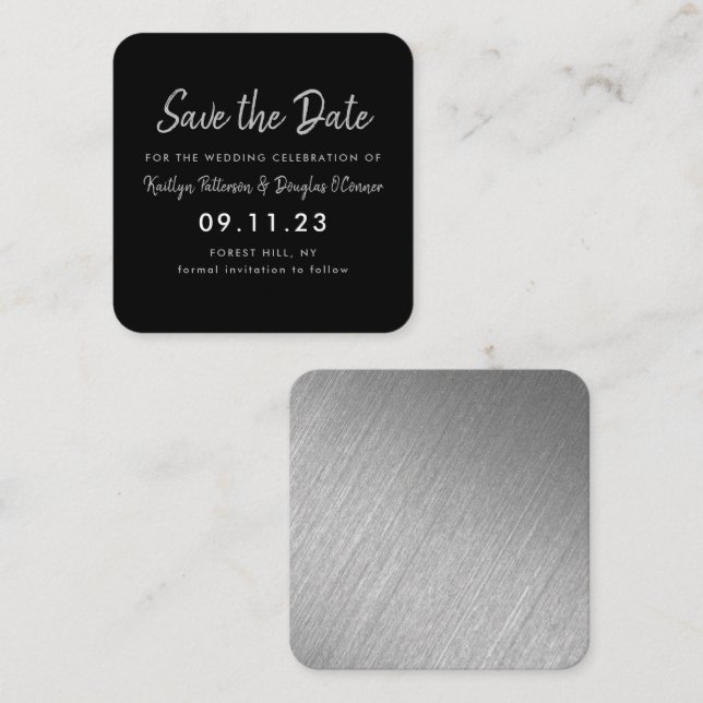 Silver Foil & Script Save the Date Card Quadratische Visitenkarte (Vorne/Hinten)